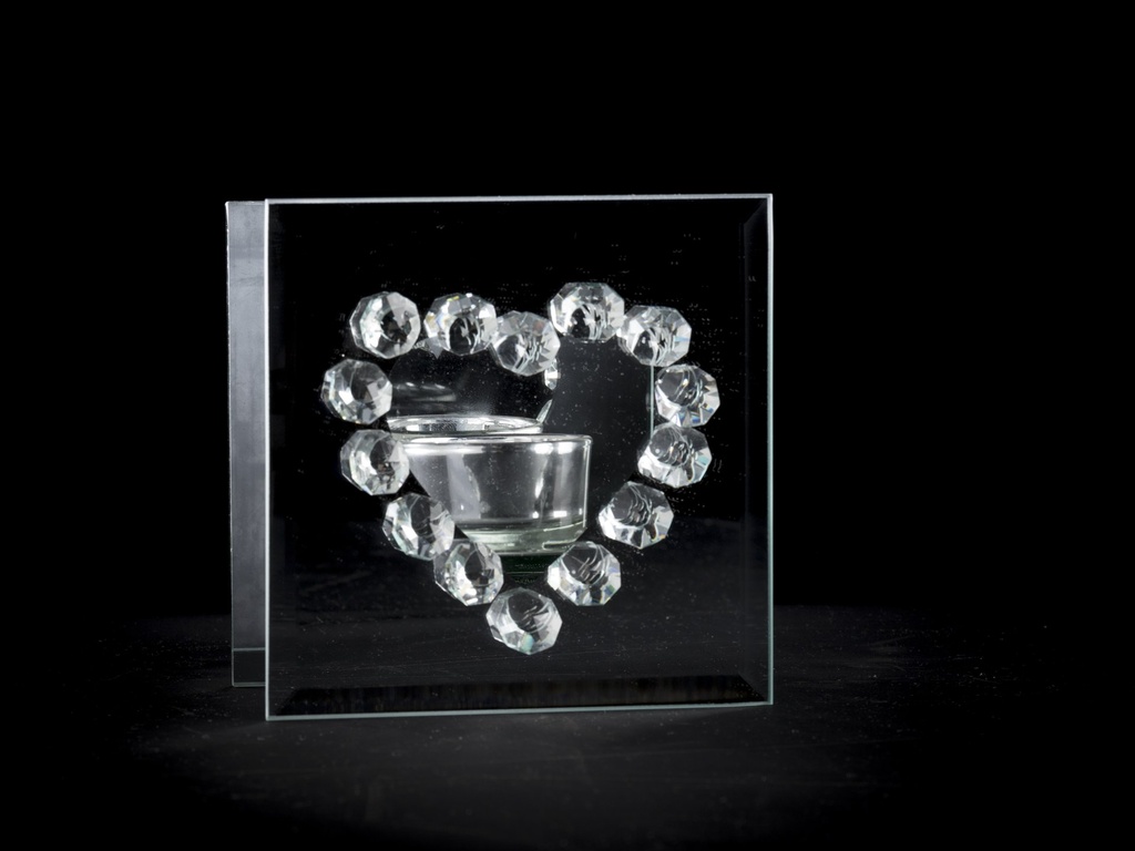 Telysstake sølv speil m/ hjerte og prismer, 12,5 x 6,5 x 12 cm