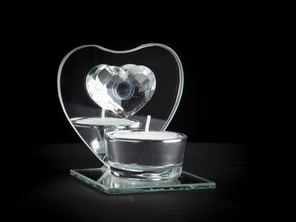 Telysstake, hjerteform m/glass hjerte, 9 x 7 x 9 cm