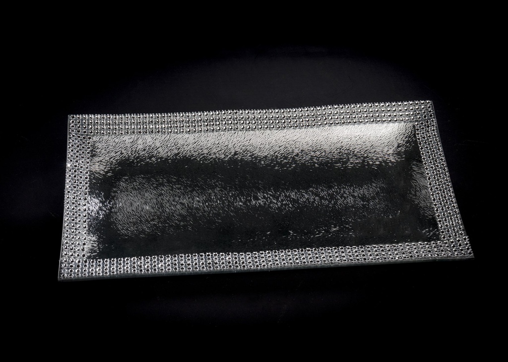 Rektangulert fat, sølv m/små krystaller på kant, 34 x 17 cm