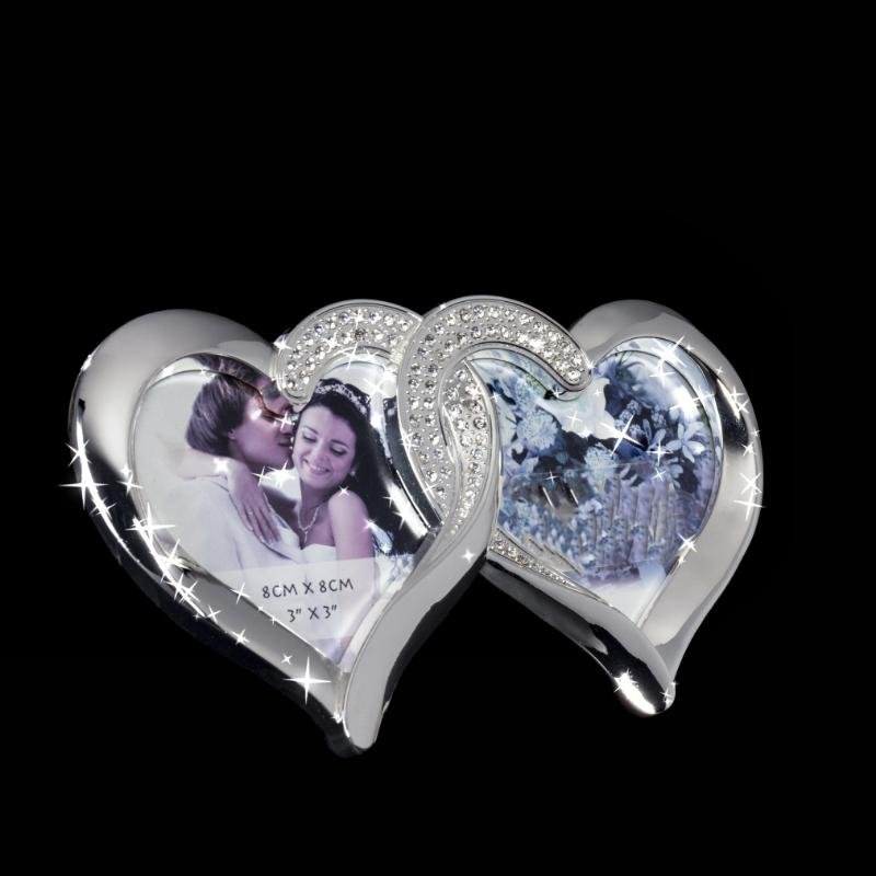 Dobbel hjerte foto ramme, chrome + strass, 18,5 x 1,5 x 11 cm / 3" x 3"