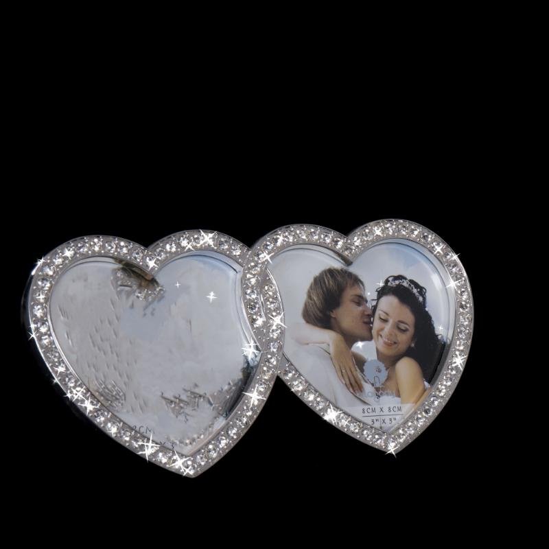 Dobbel hjerte foto ramme, chrome + strass, 16,2 x 1,5 x 8,5 cm / 3" x 3"