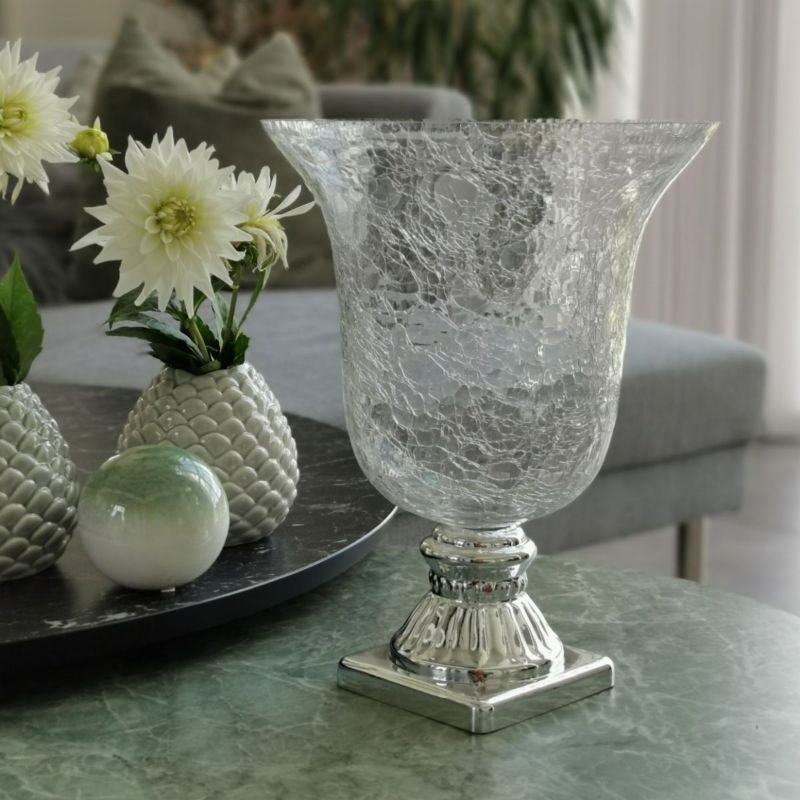 Hurricane clear cracked glass w/silver base; H - 33 / dia. 26 cm