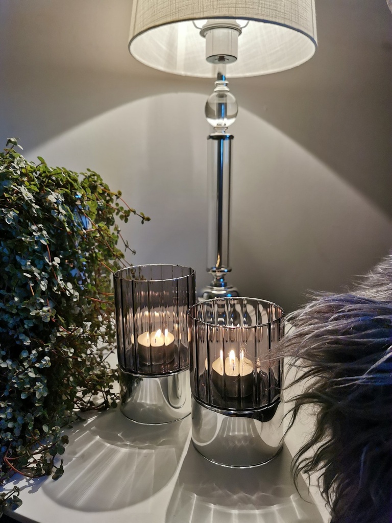 Telystake, sølv + "smoke" glass, 14 x 8 cm