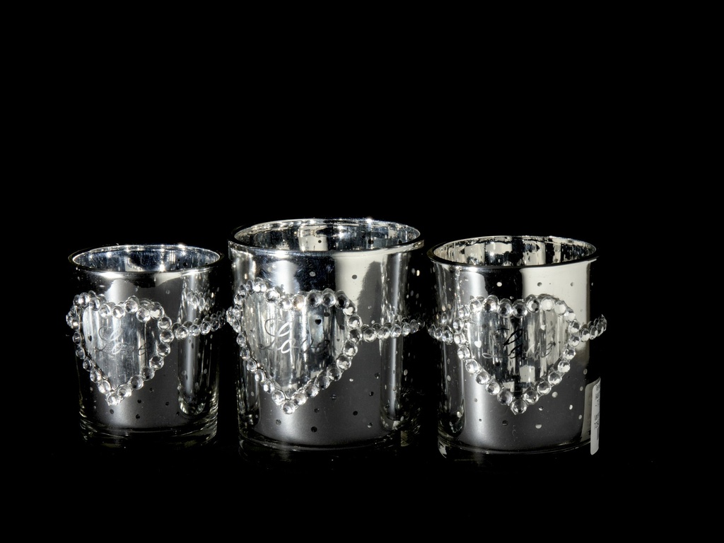 Telysglass, blankt sølv m/klart hjerte + "love", H - 7,7 / dia. 7,1 cm