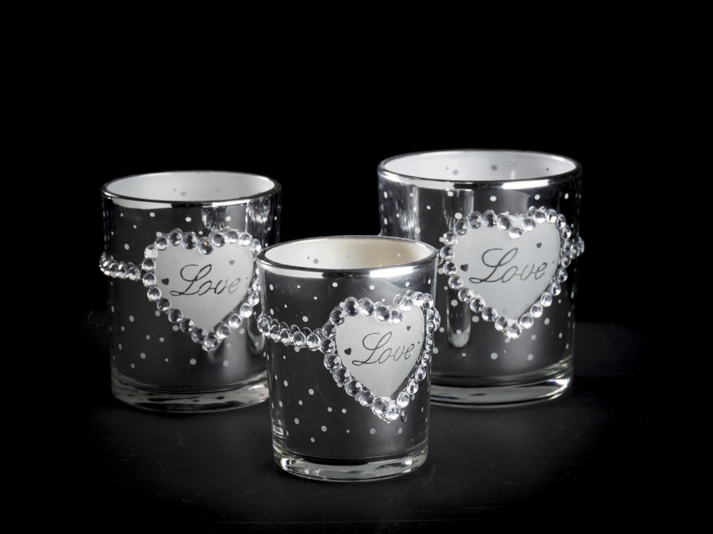 Telysglass, blankt sølv m/klart hjerte + "love", H - 6,8 / dia. 5,5 cm