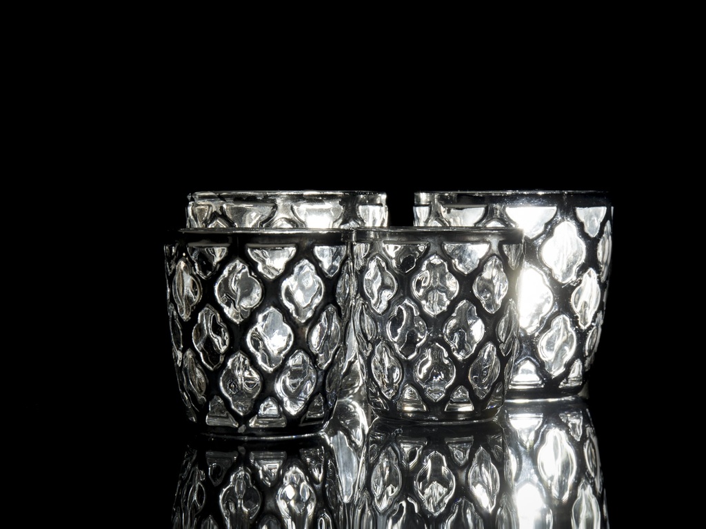 Telysglass, klart glass m/blankt sølv, H - 7,5 / dia. 7 cm