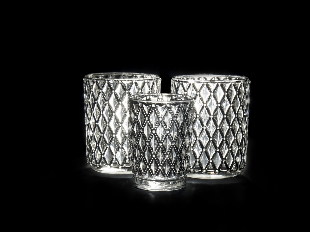 Telysglass, klart glass m/blankt sølv, H - 10 / dia. 8 cm
