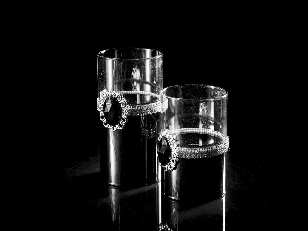 Telysstake, svart m/klart glass, sølv bånd m/"diamant", H - 10 / dia. 6,5 cm
