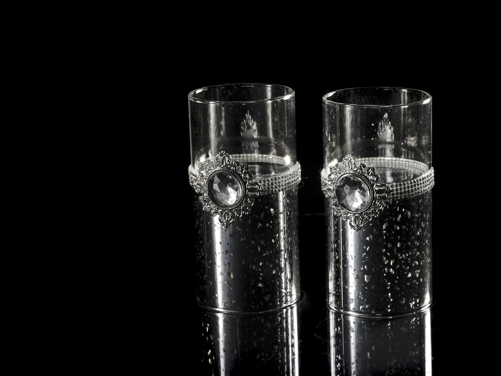 Telysstake, antikk sølv m/klart glass, sølv bånd m/"diamant", H - 13 / dia. 6,5 cm