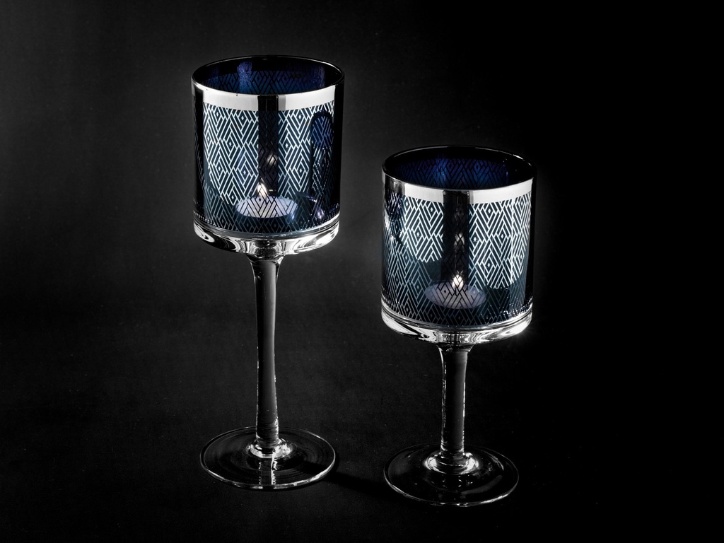 Telysglass svart m/sølvkant, H - 25 / dia. 9 cm