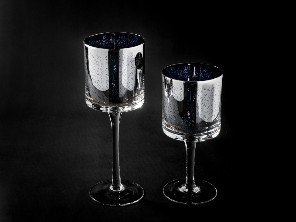 Telysglass blankt sølv m/mønster, H - 20 / dia. 9 cm