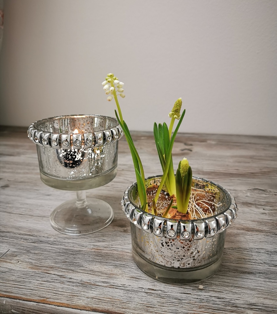 Telysglass, antikk m/strass, dia. 8 / H - 5 cm