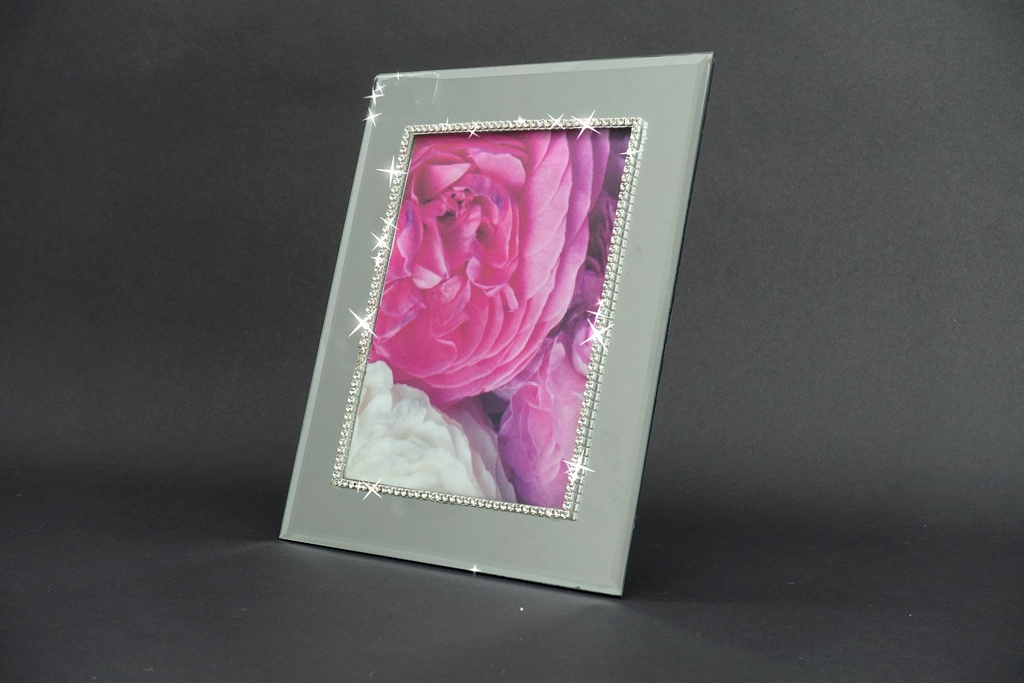 Foto ramme, 6"x8", sølv speil m/sølv krystaller,28*23*2 cm