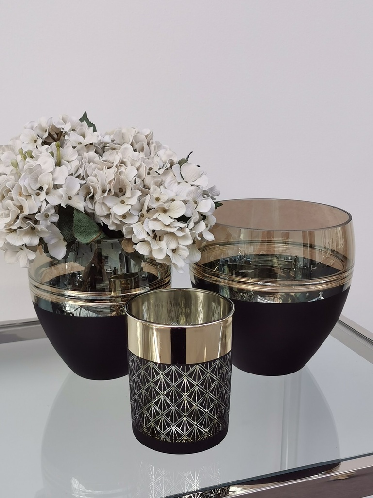 Blomster potte, matt sort m/gyllen topp, H - 18 /  dia. 18 cm
