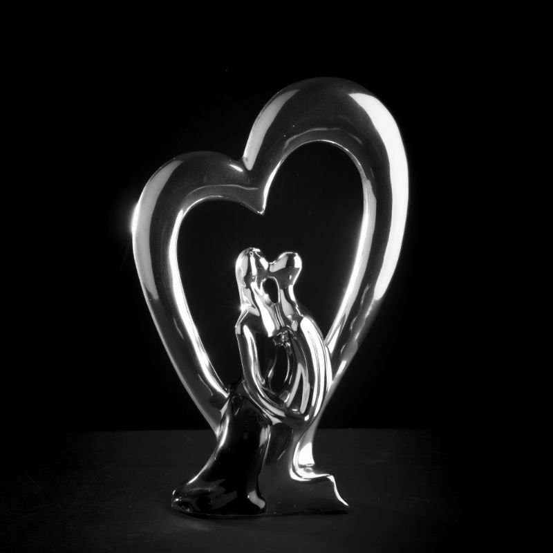 [80165] Parfigur m/hjerte i sølv & svart, H - 28 cm