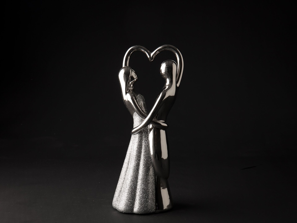 Parfigur m/hjerte i blankt sølv + sølv sand, 26 x 10 x 8 cm