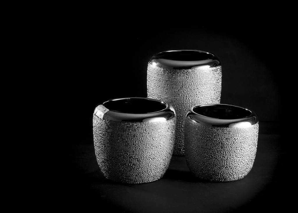 Blomster potte, blank + rustikk sølv, H - 15 / dia. 13,5 cm
