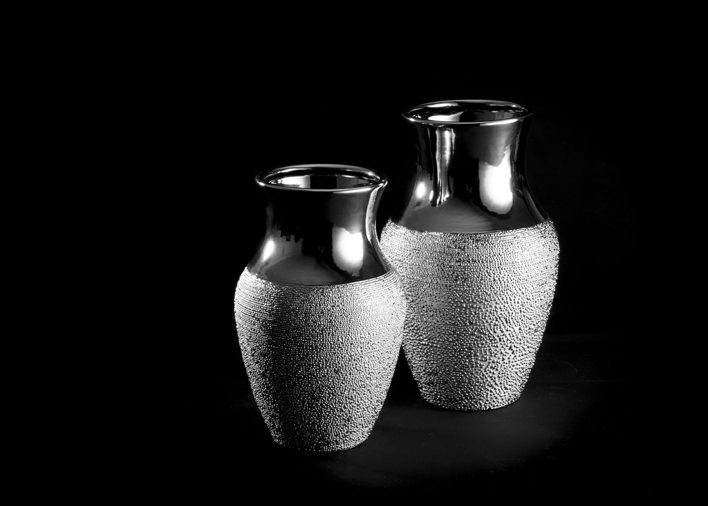 Vase, blank + rustikk sølv, H - 24,5 / dia. 15 cm