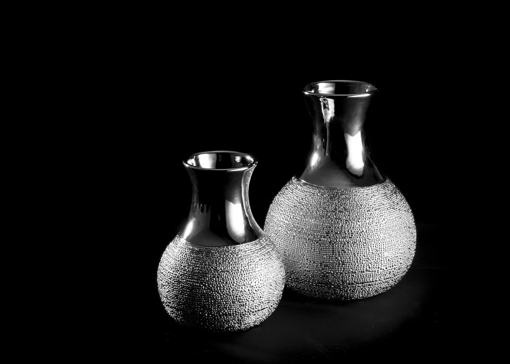 Vase, blank + rustikk sølv, H - 20 / dia. 15 cm