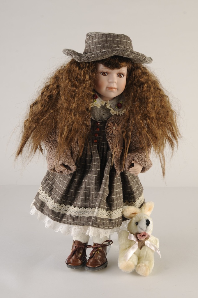 [872512] Dukke m.brun kjole og strikke-jakke, H - 40 cm