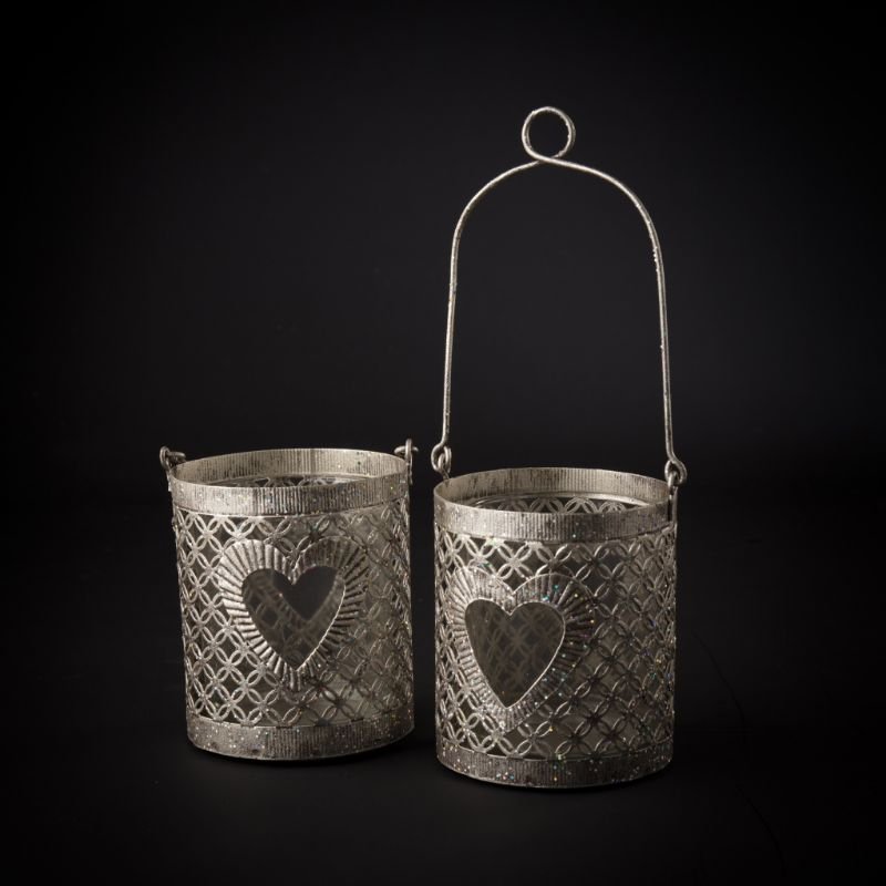 [90272] Telysglass antikk sølv m/hjerte  8 x 7 x 7 cm