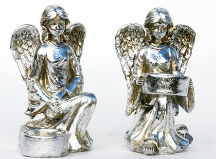 [90285] Engel m/telysholder, 2 ass, antikk sølv, H - 17 cm