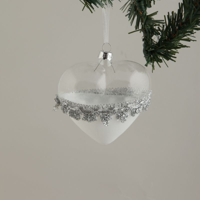 [90325] Glass hjerte, hvit og klart, L - 9 x 5 cm. Sett 4