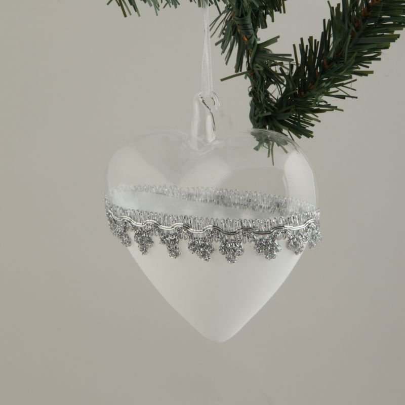 [90326] Glass hjerte, hvit og klart, L - 11 x 5,5 cm. Sett 2