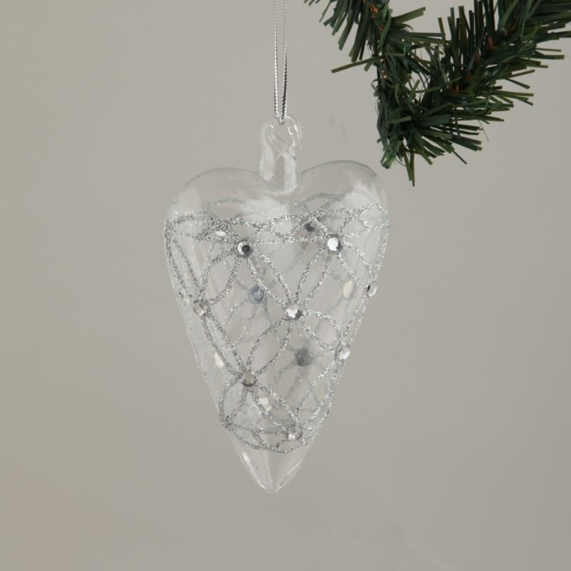 [90327] Glass hjerte, klart m/sølvdekor, L - 11,5 x 7 x 3,5 cm. Sett 2.