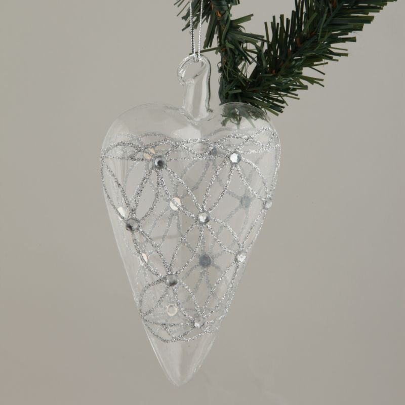[90328] Glass hjerte, klart m/sølvdekor, L - 13 x 8,5 x 4 cm. Sett 2
