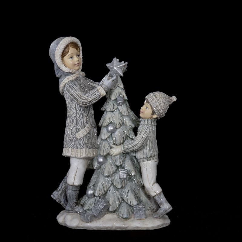 [90516] Vinterbarn i beige og lys grå, pynter juletre, 20,5 x 14 x 7,5 cm