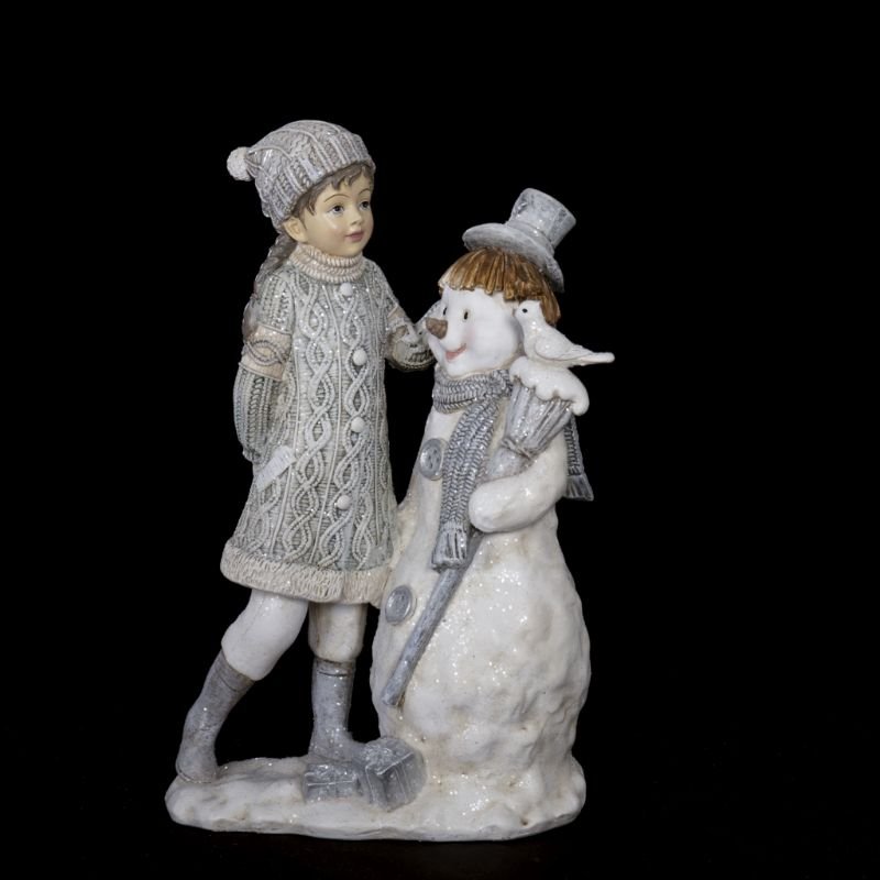 [90517] Vinterbarn i beige og lys grå med snømann, 20,5 x 13,5 x 7 cm