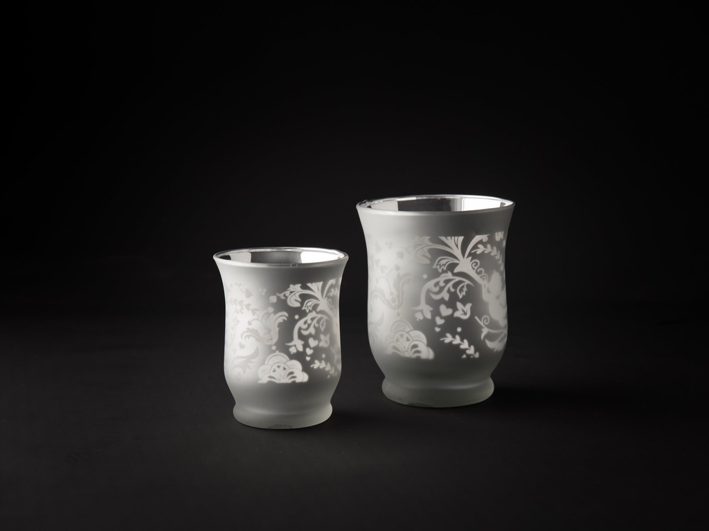 [90526] Telysglass, frostet sølv m/engel, dia. 7,5 x 9 cm