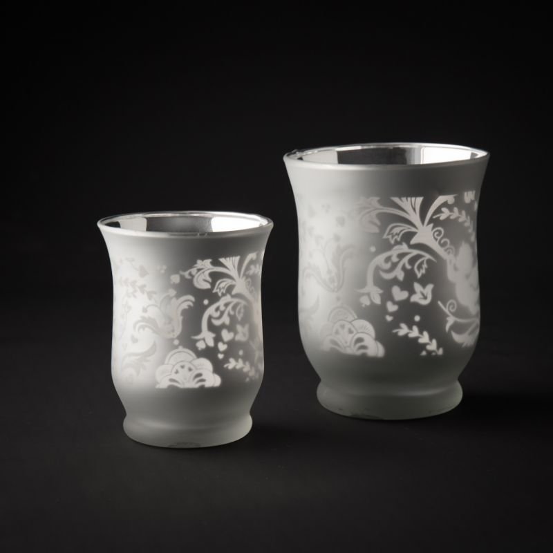 [90527] Telysglass, frostet sølv m/engel, dia. 9 x 11 cm