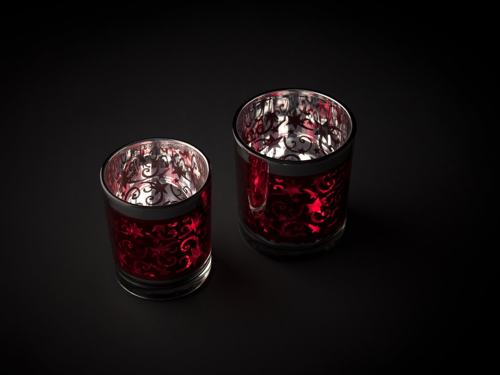 [90528] Telysglass, rødt m/blankt sølv, dia. 6 x 7,3 cm