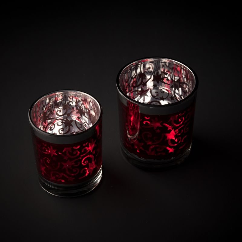Telysglass, rødt m/blankt sølv, dia. 7 x 7,8 cm