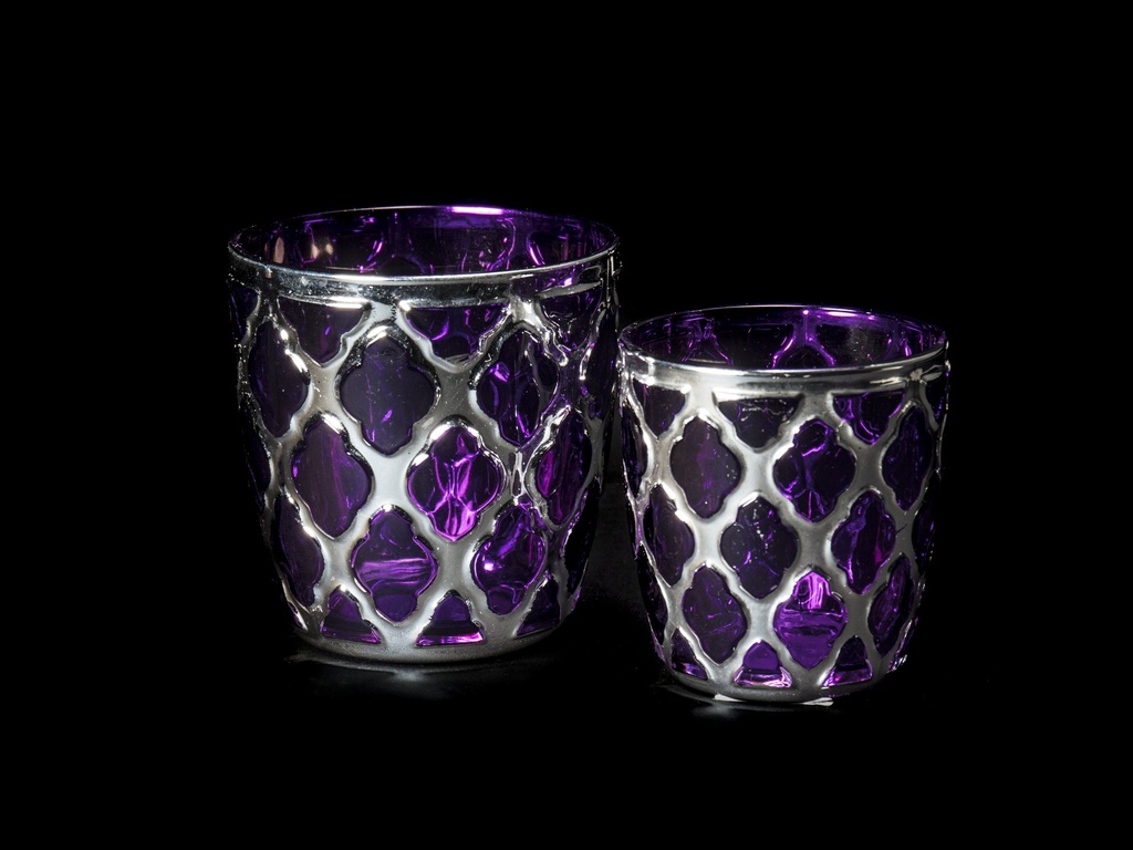 Telysglass, lilla glass m/blankt sølv, H - 7,5 / dia. 7 cm