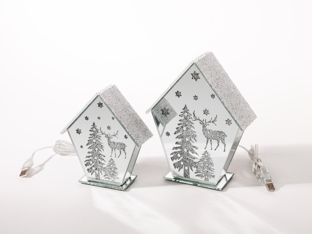 Glass hus dekor m/led lys + USB, "tre og reinsdyr", 17*6*16 cm