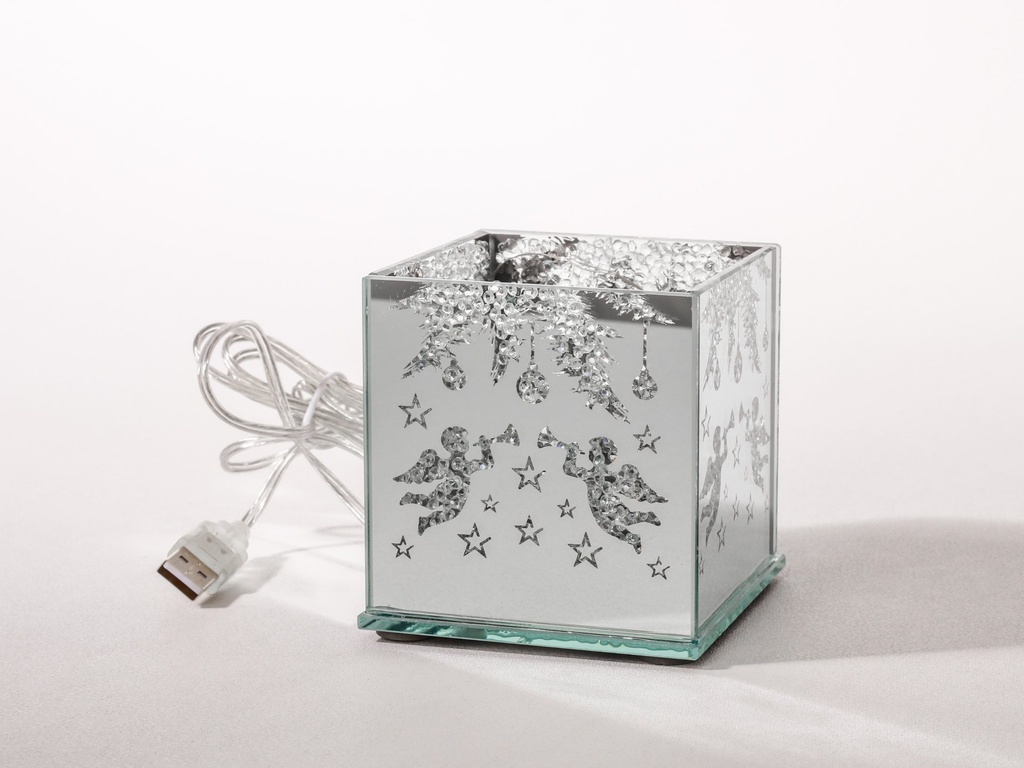 [90649] Kvadrat glass dekor m/led lys + USB, "engel motiv", 8*8*8 cm