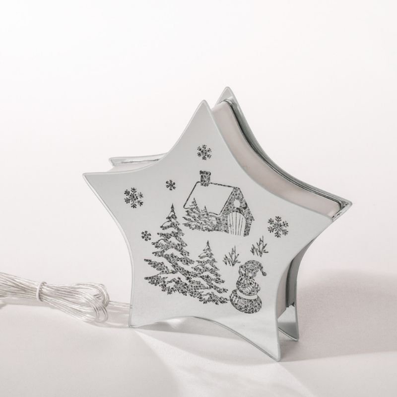 [90657] Stjerne formet glass dekor m/led lys + USB, "hus og snømann", 18,5*3,5*17,5 cm