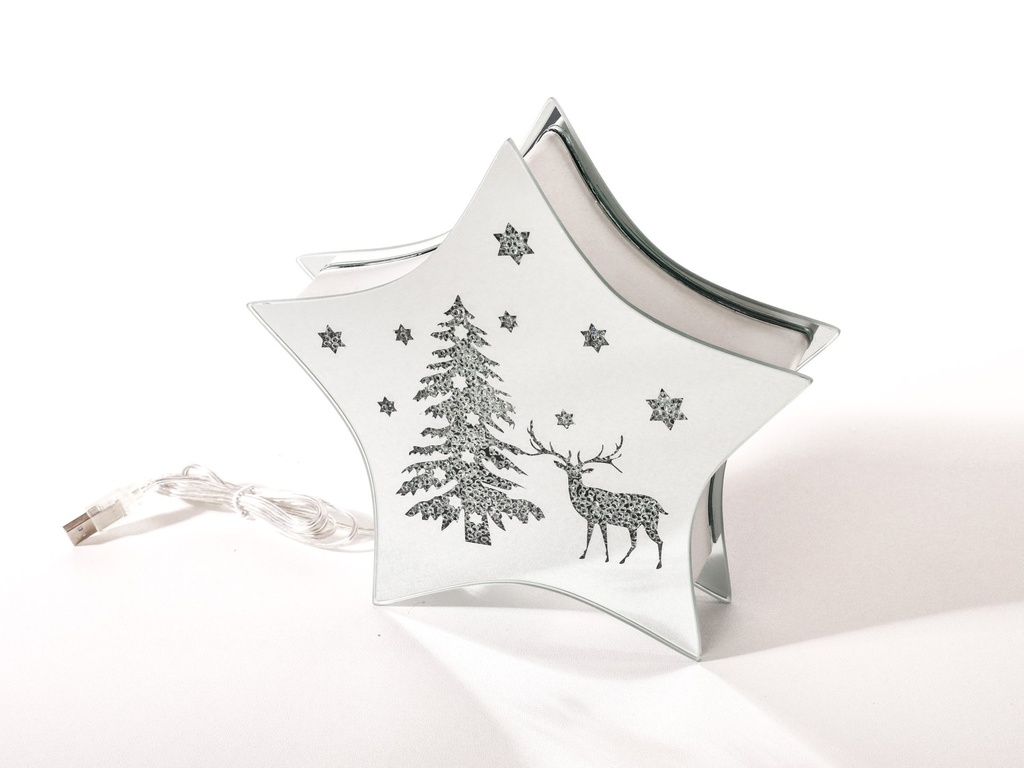 [90659] Stjerne formet glass dekor m/led lys + USB, "tre og reinsdyr", 23,5*4,7*22,5 cm
