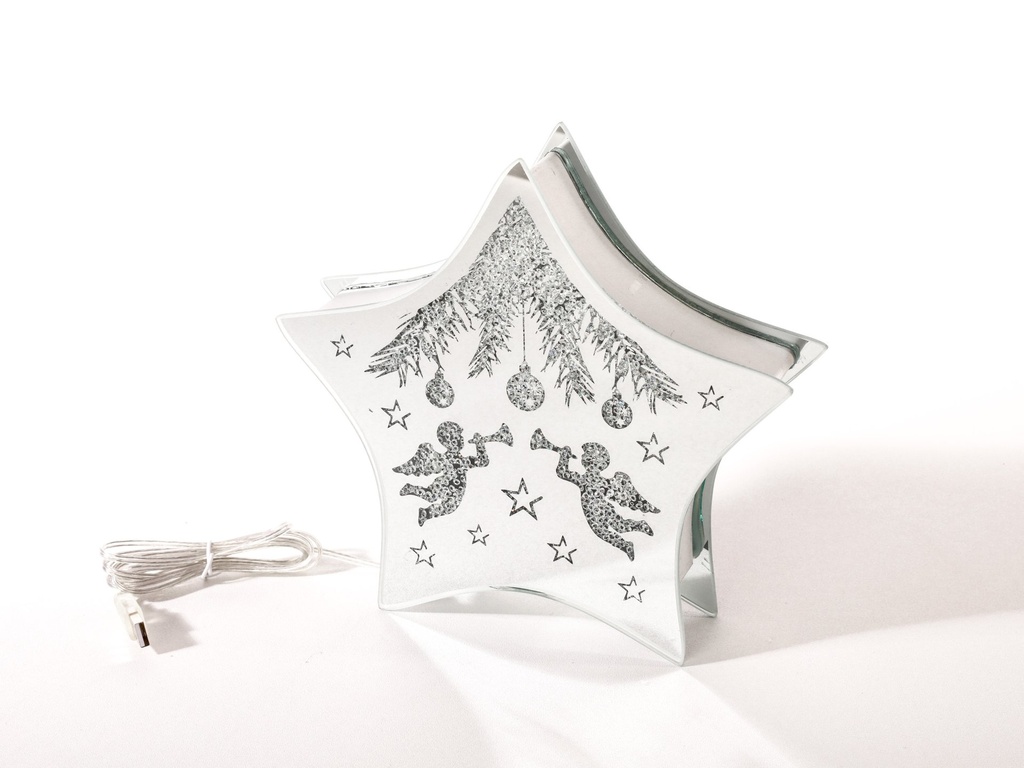 Stjerne formet glass dekor m/led lys + USB, "engel motiv", 23,5*4,7*22,5 cm