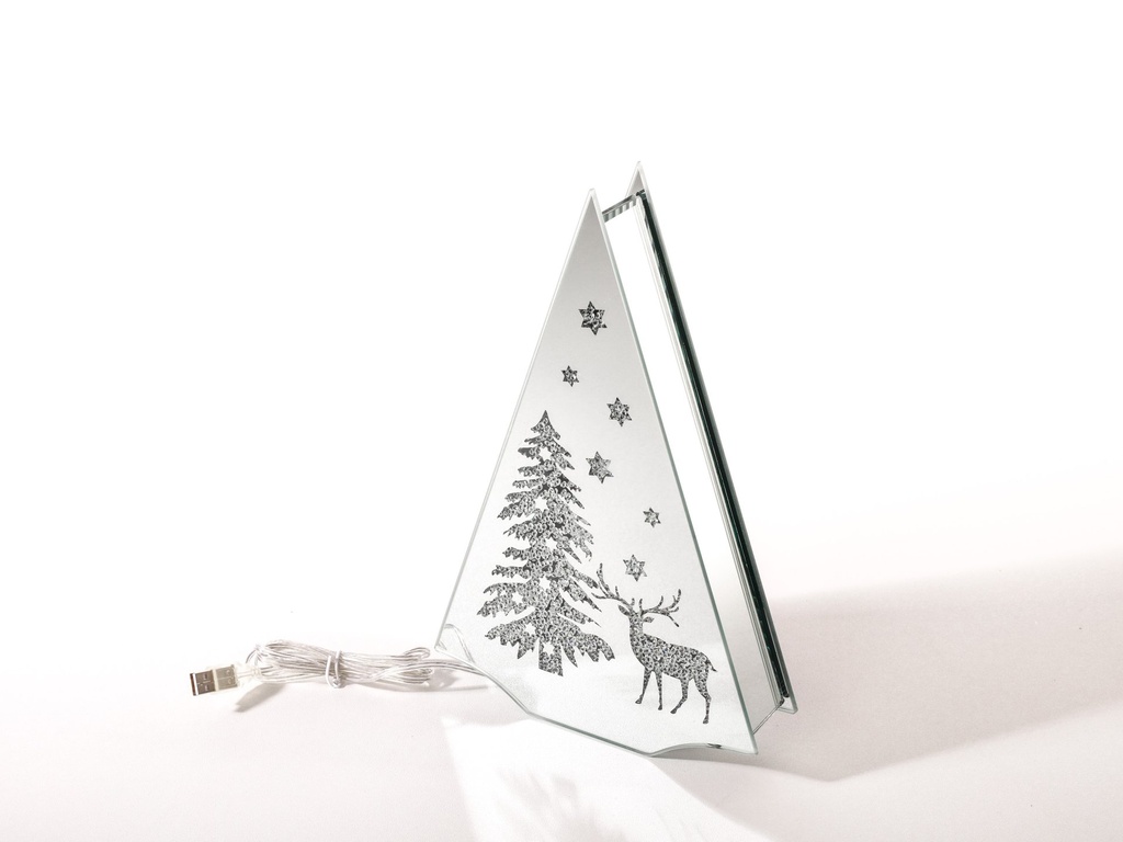 [90662] Tre formet glass dekor m/led lys + USB, "tre og reinsdyr", 16*5*24 cm