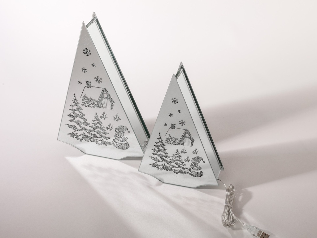 Tre formet glass dekor m/led lys + USB, "hus og snømann", 16*5*24 cm