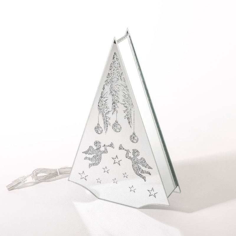 Tre formet glass dekor m/led lys + USB, "engel motiv", 16*5*24 cm