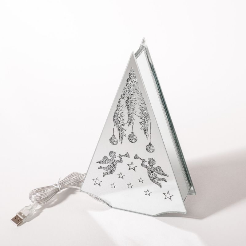 Tre formet glass dekor m/led lys + USB, "engel motiv", 19,5*5*29,5 cm