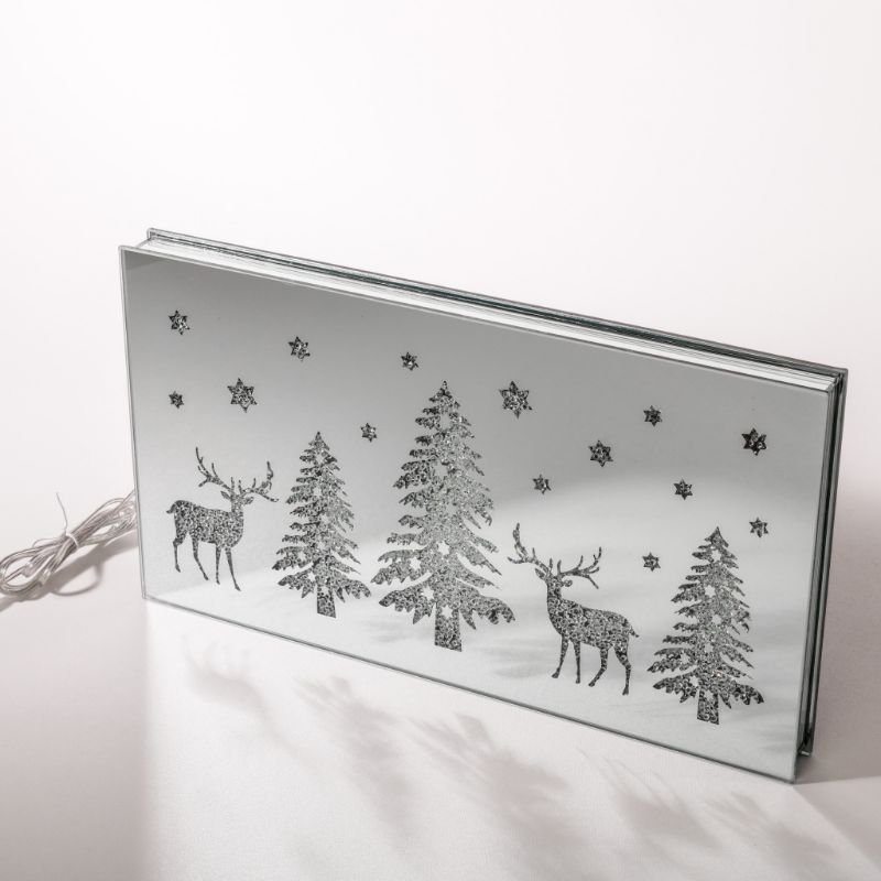 [90668] Rektangulær glass dekor m/led lys + USB, "tre og reinsdyr", 32*16*3 cm