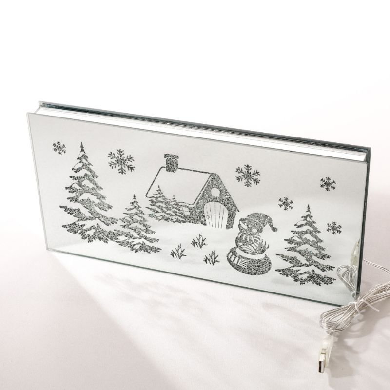 Rektangulær glass dekor m/led lys + USB, "hus og snømann", 32*16*3 cm