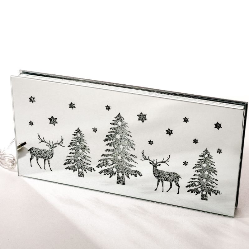 [90671] Rektangulær glass dekor m/led lys + USB, "tre og reinsdyr", 36*20*3 cm