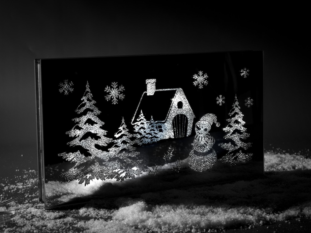 Rektangulær glass dekor m/led lys + USB, "hus og snømann", 36*20*3 cm
